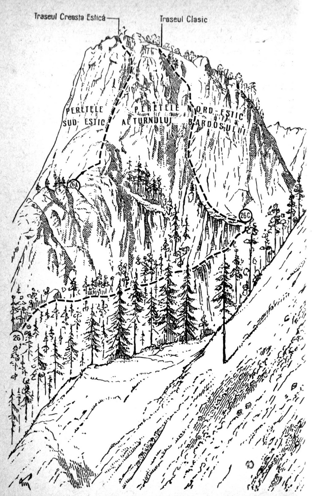Sursă: Schiţă din ghidul de alpinism Hăşmaş Lacul Roşu, E. Cristea,1965